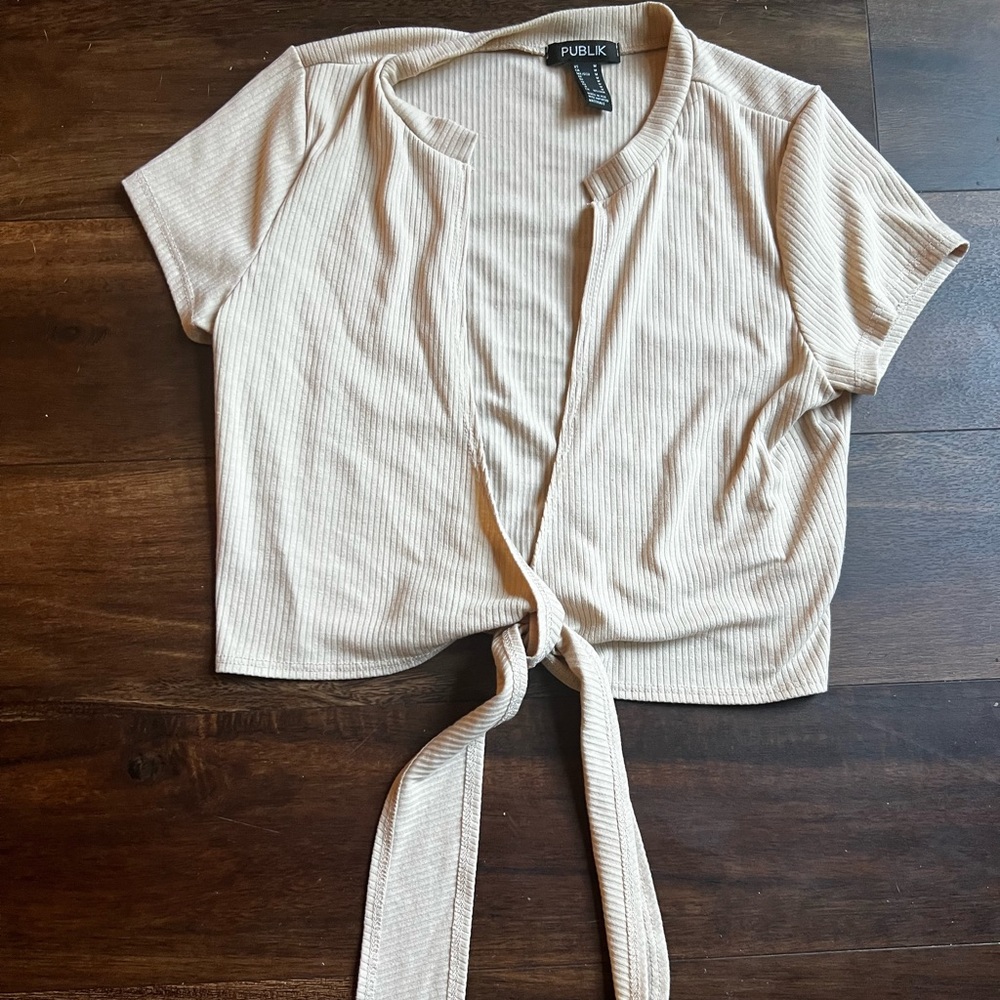 Nude ribbed tie front top